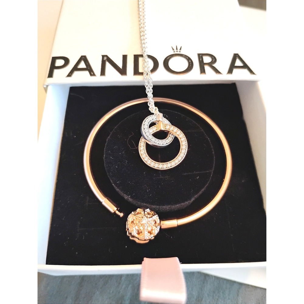 🌸Authentic‎ Pandora 14k Rose Gold Set Quiet Luxury Bangle & Signature Necklace